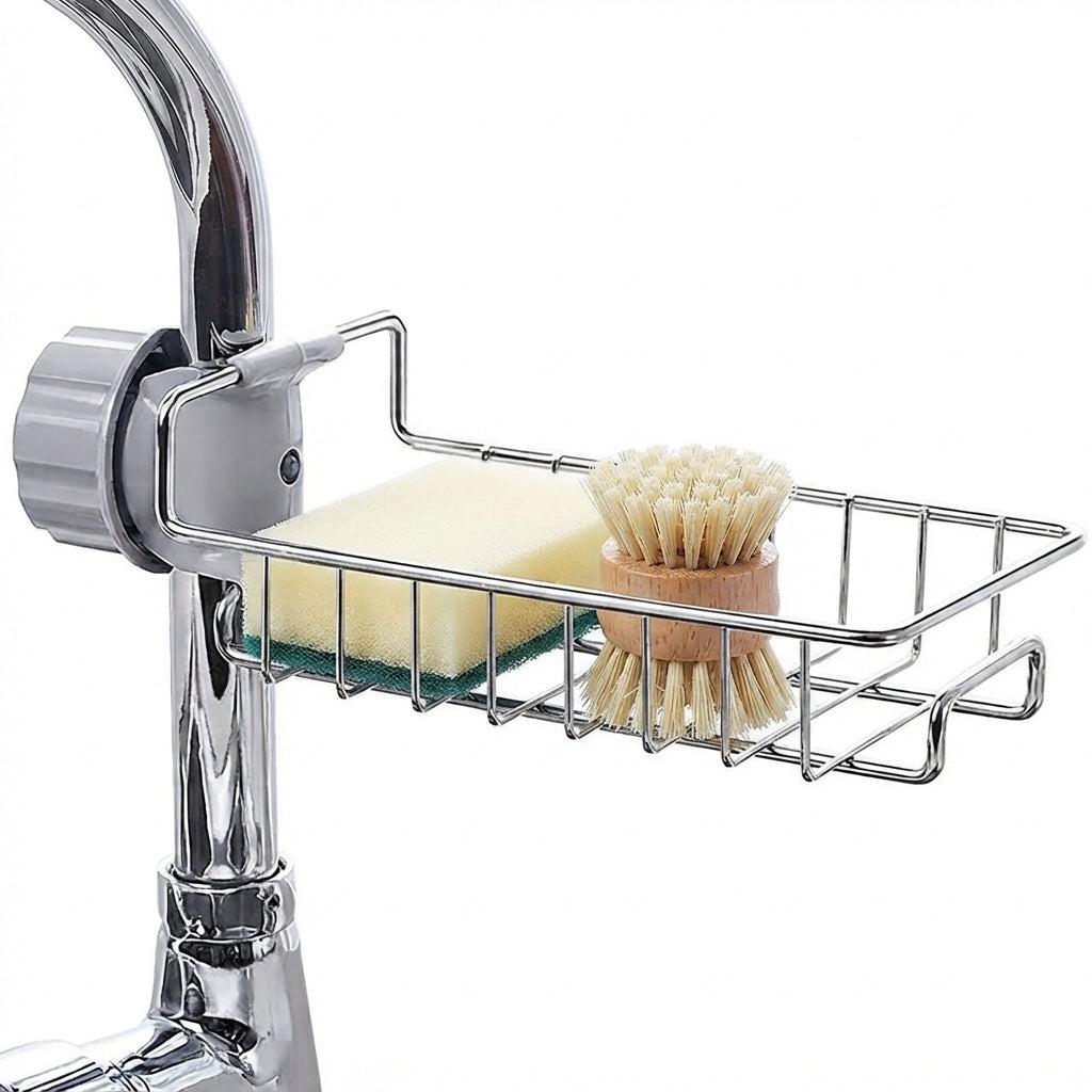 A clean sink caddy organizer holding a sponge and brush on a white background representing a tidy kitchen.